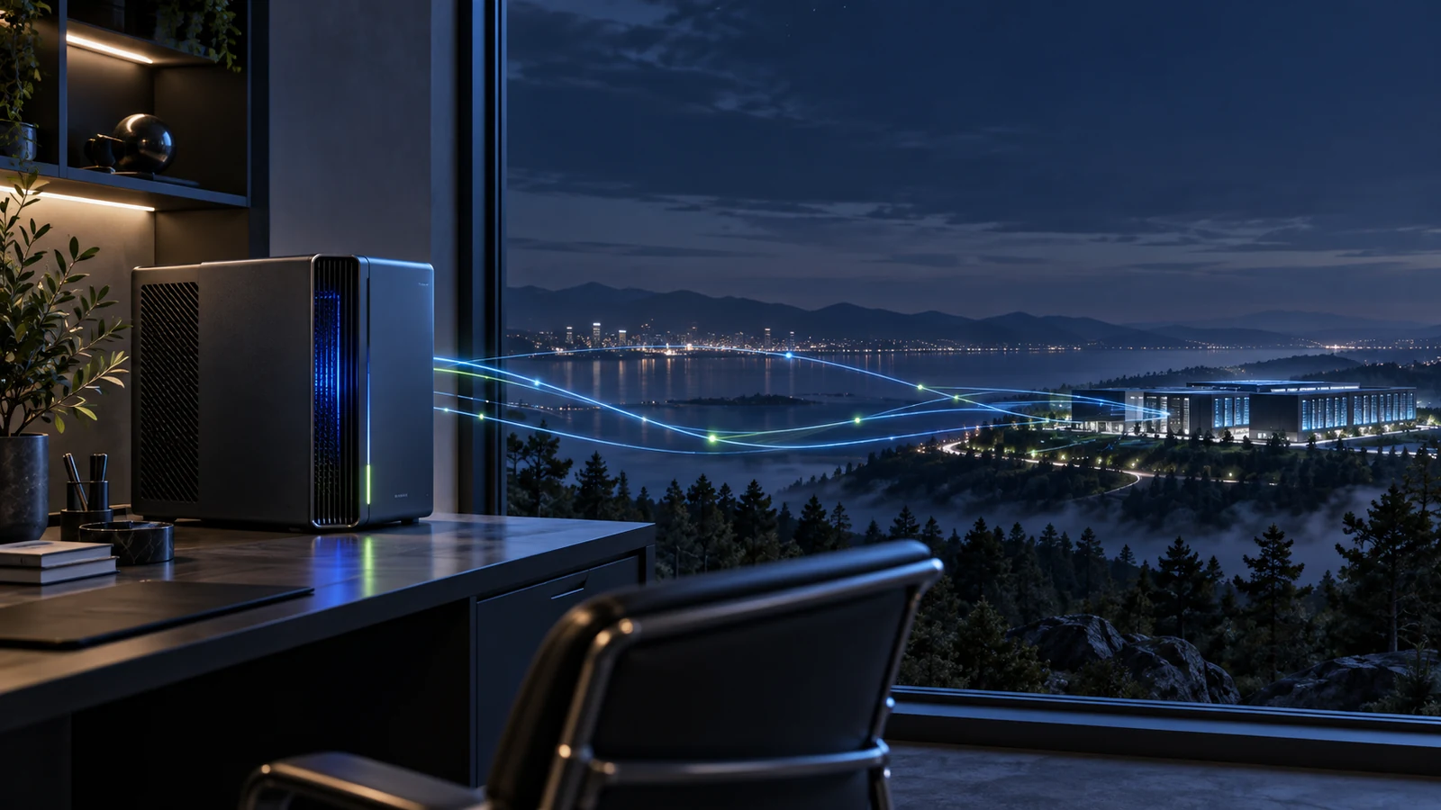 A local AI workstation connected to distant cloud-scale infrastructure